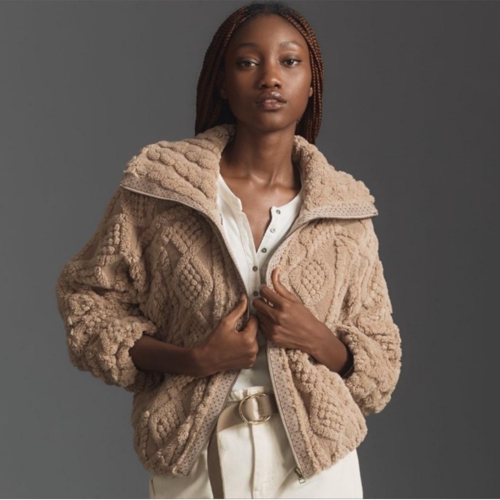 Pilcro By Anthropologie‎ Textured Faux Fur Zip Jacket Size XS tan
